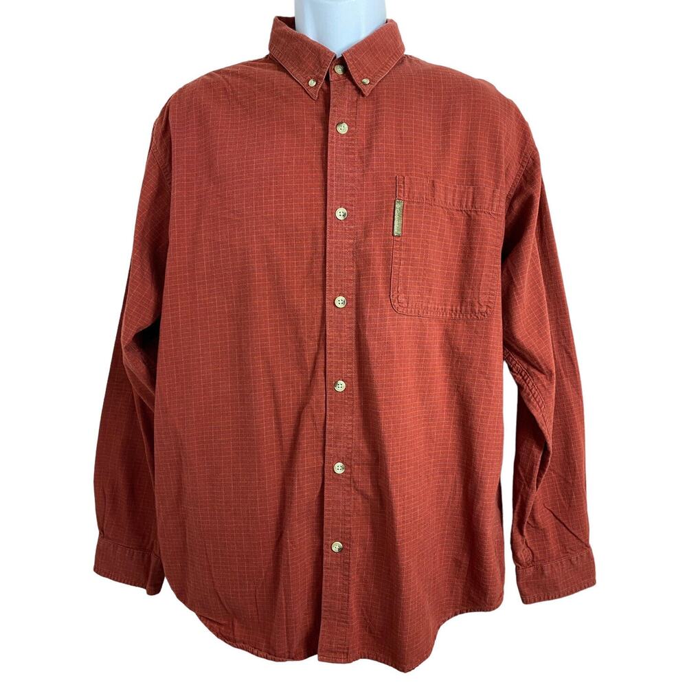 Columbia Long Sleeve Button Front Shirt Mens L Brick Red Lines Cotton Pocket